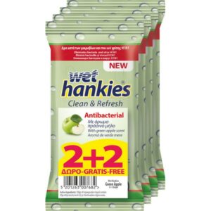 Wet Hankies Clean & Refresh Antibacterial Green Apple Αντισηπτικά Μαντηλάκια Χεριών 4×15τμχ (2+2)